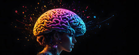 A woman with a brain glowing in electric blue, resembling an astronomical object underwater. This marine biologyinspired event mixes science, magenta marine invertebrates, and entertainmentの素材
