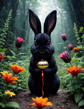 In a beautiful garden, a black rabbit is holding an Easter egg among flowers and plants. The natureinspired scene is enhanced by the presence of a lawn ornament of a fawn nearbyの素材
