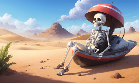 A skeleton is leisurely sitting on a boat in the desert, wearing a hat under the cloudy sky. The natural landscape is an eerie yet beautiful artの素材
