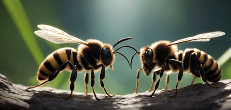 Two bees, a type of pollinator insect and arthropod, are perched together on a branch. They are crucial for pollination and are often captured in macro photographyの素材