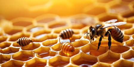 A closeup photo of a bee on a honeycomb showcasing the intricate pattern of natural material made of wax by this important pollinator insect living in a beehiveの素材