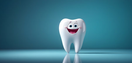 A smiling tooth is happily standing on a blue surface, ready to roar with joy. Its fang glistens under the liquid water, exuding a happy gesture from its shining white jaw and snoutの素材