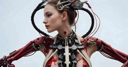 A woman is wearing a robotic costume with red arms, a crown on her head, and a fashion accessory on her sleeve, showcasing a unique blend of art and fashion at an eventの素材