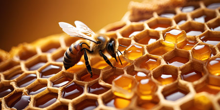 A close up of a honeybee on a honeycomb, a natural material produced by the insect. The honeybee, a pollinator, collects nectar to make ambercolored honey for the beehiveの素材