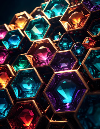 A close up of brightly colored hexagons on a dark background, featuring shades of purple, violet, and magenta. The geometric shapes exhibit symmetrical lines and a glasslike material propertyの素材