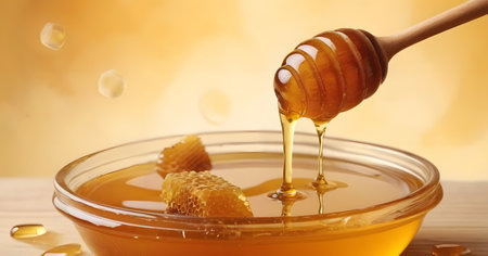 A bowl of amber liquid honey with a honey dipper sitting on the side, perfect for drizzling over food or adding to recipes in cuisineの素材