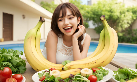 A happy woman is sitting at a table with bananas and vegetables, sharing natural foods and superfoods with a smileの素材