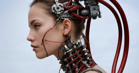 An artistic event featured a close up of a woman in a futuristic costume with elaborate headgear. Her hair, eyebrows, ears, neck, and eyelashes were perfectly styledの素材