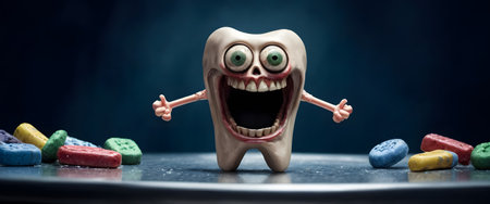 A fictional character tooth with arms and legs, in electric blue color, is standing on a table next to candy. This art display device is like an action figure in a photo captionの素材