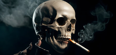 A skeleton with a lit cigar, surrounded by smoke, on a black background. AI Generatedの素材