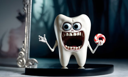 A jawbone with arms and legs is holding an electric blue lollipop in front of a mirrorの素材