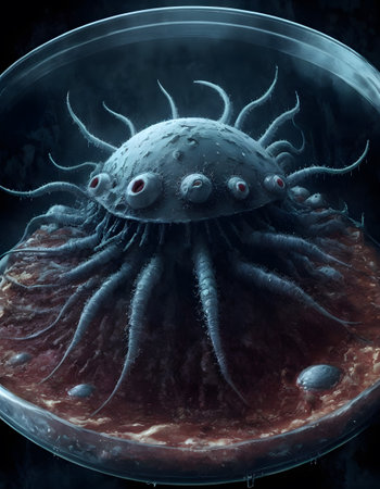 An electric blue computer generated image of a jellyfish, a marine invertebrate organism, floating in a petri dish filled with waterの素材