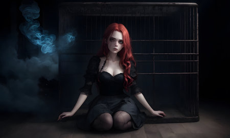 A blond woman with electric blue hair is having fun at a midnight event, sitting on the floor in front of a cage in darknessの素材