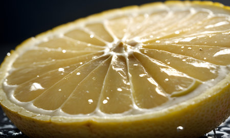 A macro shot of a Meyer lemon slice on a wooden table, showcasing the vibrant colors and texture of this citrus fruit ingredientの素材
