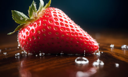A ripe strawberry, a seedless fruit, rests on a wooden table with droplets of water on it. This natural food staple is a delicious, juicy fruitの素材