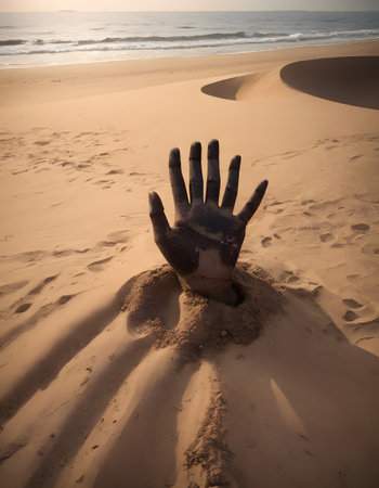 a hand is sticking out of a pile of sand on a beach . High qualityの素材