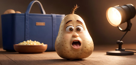 A cartoon potato with a surprised face is sitting on a wooden table next to an electric blue lamp. The potato has a happy smile on its jaw. The event is an entertaining shout of art on the flooringの素材