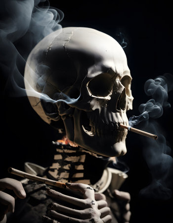 A skeleton with a lit cigar, surrounded by smoke, on a black background. AI Generatedの素材