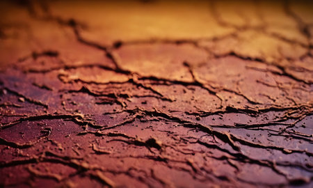 A close up of a cracked tree trunk with brown tints and shades, set against a blurred natural landscape of soil, rocks, and treesの素材