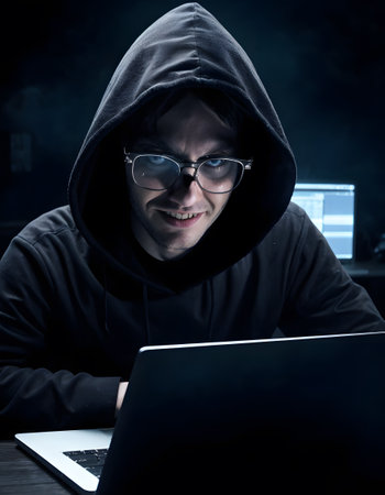 A man in glasses and a hoodie is comfortably sitting in front of a laptop computer, immersed in darkness with his vision care eyewear onの素材