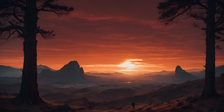 As the sun dips below the horizon, casting a warm afterglow over the mountain range, the sky is painted with vibrant hues in a stunning natural landscapeの素材