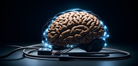 An electric blue computer generated image of a human brain surrounded by wires floating in darkness, symbolizing the connection between the brain and technologyの素材