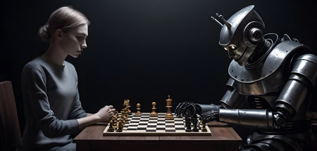 A woman and a robot are engaging in a game of chess at an indoor table, showcasing the equalizer between human intellect and artificial intelligence in the realm of engineering and entertainmentの素材