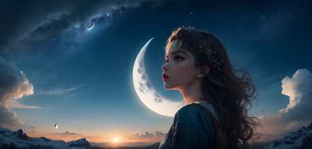 A woman is enjoying the atmosphere under a crescent moon in the electric blue sky, surrounded by clouds. The landscape is dark, but she is happy, having fun in the moonlightの素材