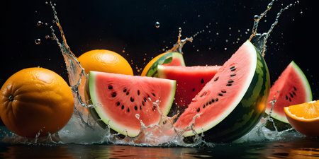 Watermelon and oranges, both fruits from the Citrullus and Citrus plant families, are refreshing natural foods splashing in water on a tableの素材