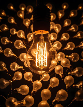 A gold light bulb is nestled among other light bulbs of different materials like amber, wood, glass, and metal, creating a unique pattern and fashion accessoryの素材