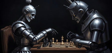 Two mechanical robots are engaged in a strategic game of chess on a sturdy mahogany table, showcasing the intersection of engineering and art in roboticsの素材
