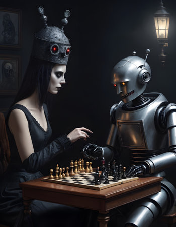 An indoor chess event features a woman and a robot playing on a metal chessboard sculpted on a table, surrounded by darkness in an artistic game settingの素材