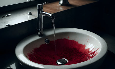 A bathroom sink containing red liquid, possibly a unique ingredient for a cuisine, dish, or drink recipe, with a faucet for adding more fluidの素材