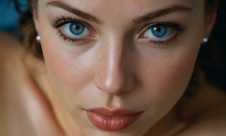 A close up of a womans face with electric blue eyes and vibrant red lips. Her eyelashes are long and her cheeks rosy. She has a beautiful smile, no wrinkles in sightの素材