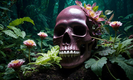 A skull in the jungle surrounded by a variety of flowers and leaves, showcasing the vibrant vegetation and natural environment of the biomeの素材