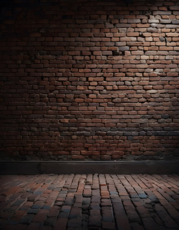 A dimly lit room with a brick wall and flooring made of rectangular brown bricks, creating a pattern resembling a road surfaceの素材