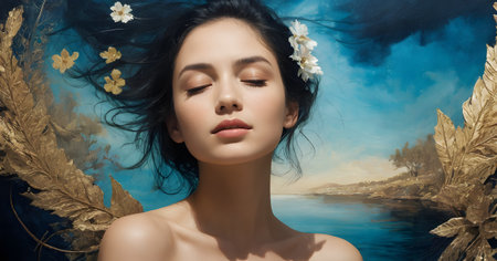 A woman with long black hair is reclining on a blue curtain, framed by gold leaves. Her nose, cheeks, chin, eyebrows, eyelashes, neck, jaw, and thighs are visibleの素材