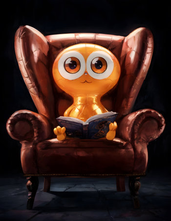 A fawncolored cartoon owl, wearing orange eyewear, is sitting in a wooden chair reading a book. Its fur looks soft and animated, as if its a toy owl enjoying some baked goodsの素材