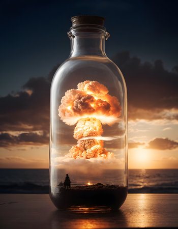 A glass bottle with a mushroom cloud inside, filled with liquid. This unique drinkware is both mesmerizing and intriguing, perfect for serving your favorite alcoholic beverage on the tableの素材