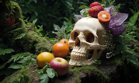 A skull with fruit placed on top is resting on a rock in a natural landscape. Surrounding the scene are terrestrial plants, grass, and treesの素材