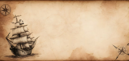 An old paper with a drawing of a ship and compass featuring tints and shades, a rectangular landscape with plants, and a watercraft navigating an atmospheric phenomenonの素材