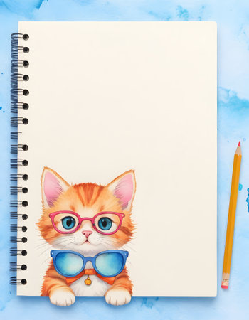 a spiral notebook with a cat wearing sunglasses and a bow tie . High qualityの素材