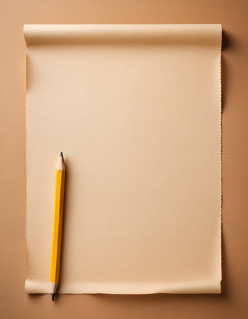 A brown rectangular writing implement made of wood, a pencil, is resting on top of a piece of peachcolored paper, part of office suppliesの素材