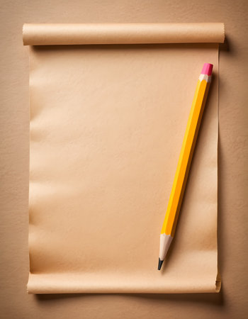 A writing implement made of wood, in the shape of a rectangle and triangle, with tints and shades sitting on top of a piece of paperの素材