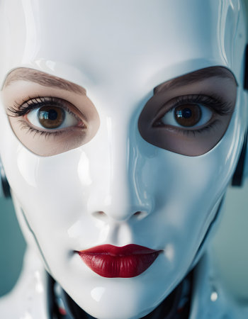A close up of a robots face with electric blue eyelash, jaw, red lipstick, and headphones. An art event featuring beauty in technology with a masque as personal protective equipmentの素材