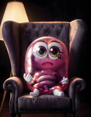 A fictional character, resembling an octopus, sits in a chair with a magenta lamp in the background. Surrounding the character are various drinkware, art supplies, and toysの素材