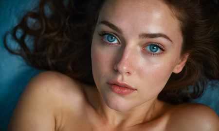 A close up of a womans face with blue eyes, showcasing her nose, cheek, eyelash, jaw, and a gesture. She has black hair and a hint of electric blue in her eyesの素材