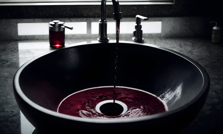 A bathroom sink containing red liquid, possibly a unique ingredient for a cuisine, dish, or drink recipe, with a faucet for adding more fluidの素材