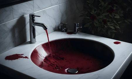 A red liquid is flowing out of the plumbing fixture in the bathroom sink, creating a striking visual contrast against the white composite materialの素材
