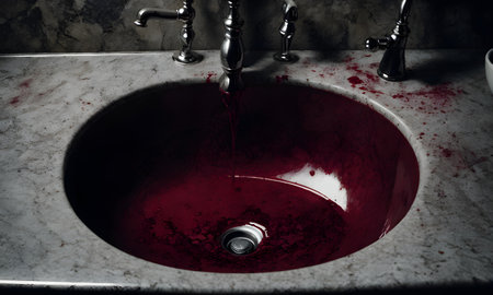 A plumbing fixture known as a bathroom sink was filled with a mixture of blood and water, creating a disturbing sight in the bathroomの素材
